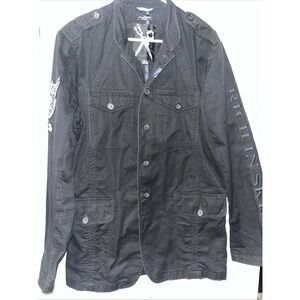 Marc Ecko Cut Sew Gothic Skull Embroidered Punk Jacket Black Mens Large Y2K